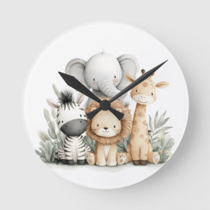 Cute Watercolor Baby Safari Animals Group Print Round Clock