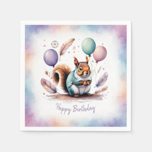 Cute Watercolor Baby Squirrel Balloons Birthday Napkin