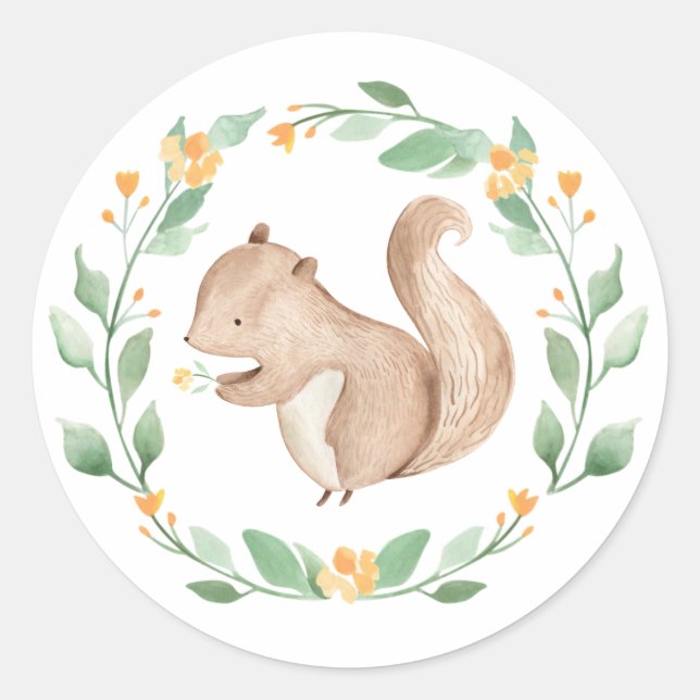 Cute Watercolor Baby Squirrel Greenery Wreath Classic Round Sticker (Front)