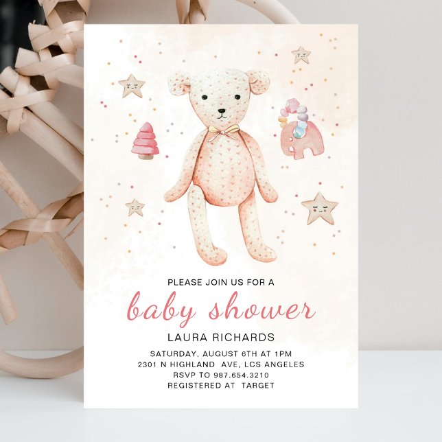 Cute Watercolor Baby Toys Teddy Bear Pink  Invitation (Creator Uploaded)