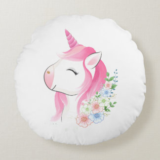 Cute Watercolor Baby Unicorn Custom Na Round Pillow