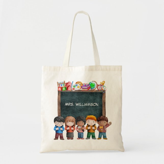 Cute Watercolor Back to School Kids Supplies Tote Bag (Front)
