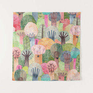 Cute watercolor background. Childish forest seamle Tapestry