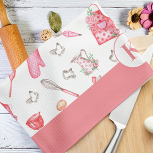 Cute Watercolor Baking Pattern Pink Monogram Kitchen Towel