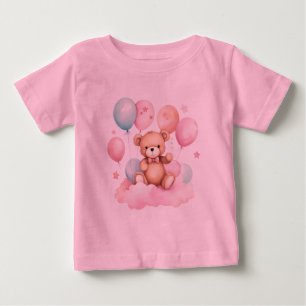 Cute Watercolor Balloon Teddy Bear on Pink Cloud Baby T-Shirt