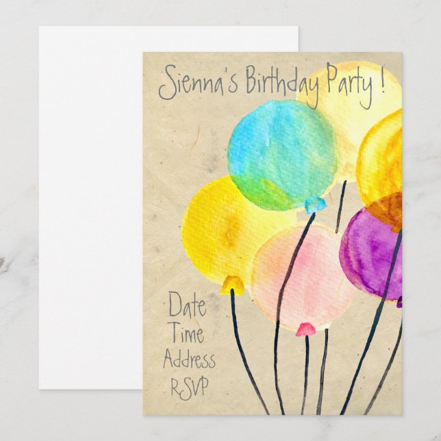 Cute watercolor balloons colourful birthday party invitation (Front/Back)