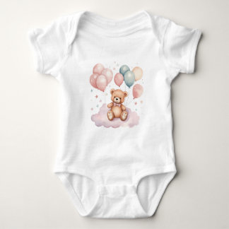 Cute Watercolor Balloons Teddy Bear on Cloud Baby Bodysuit