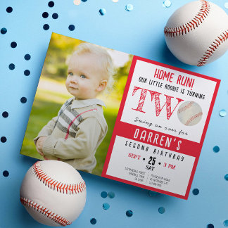Cute Watercolor Baseball Photo 2nd Birthday Invitation