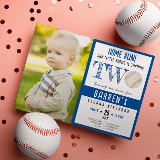 Cute Watercolor Baseball Photo Boy 2nd Birthday Invitation