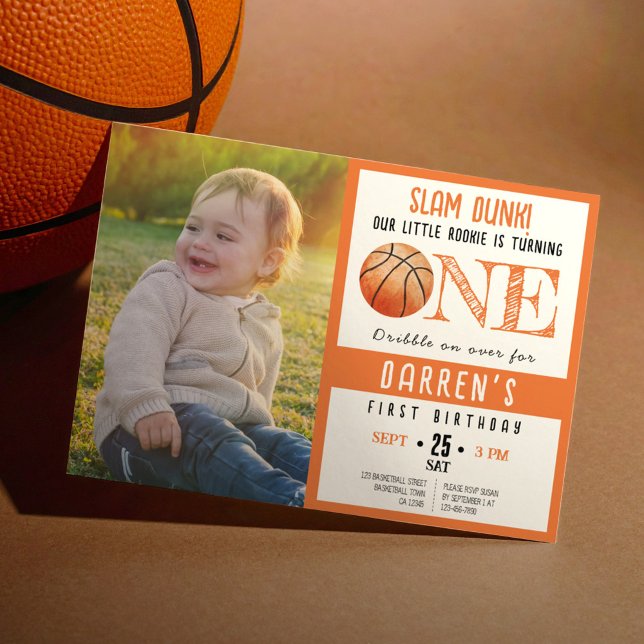 Cute Watercolor Basketball Photo 1st Birthday Invitation (Creator Uploaded)