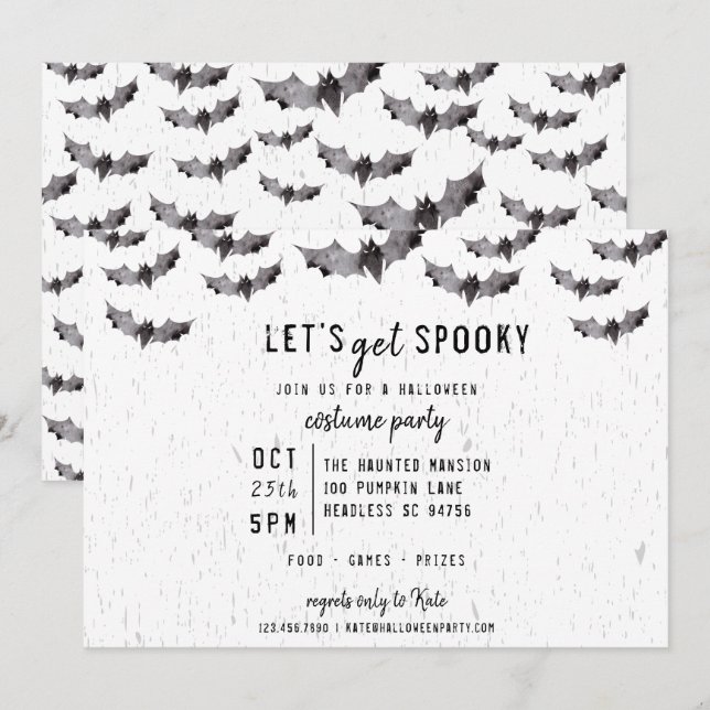Cute Watercolor Bats Spooky Halloween Invitation (Front/Back)