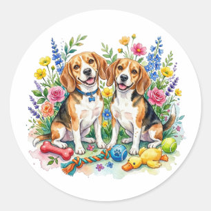 Cute Watercolor Beagles Classic Round Sticker
