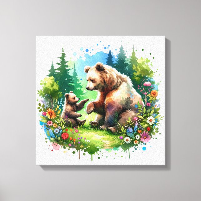 Cute Watercolor Bear and Cub Canvas Print (Front)