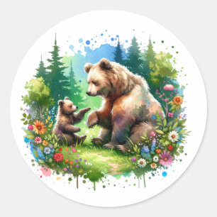 Cute Watercolor Bear and Cub Classic Round Sticker