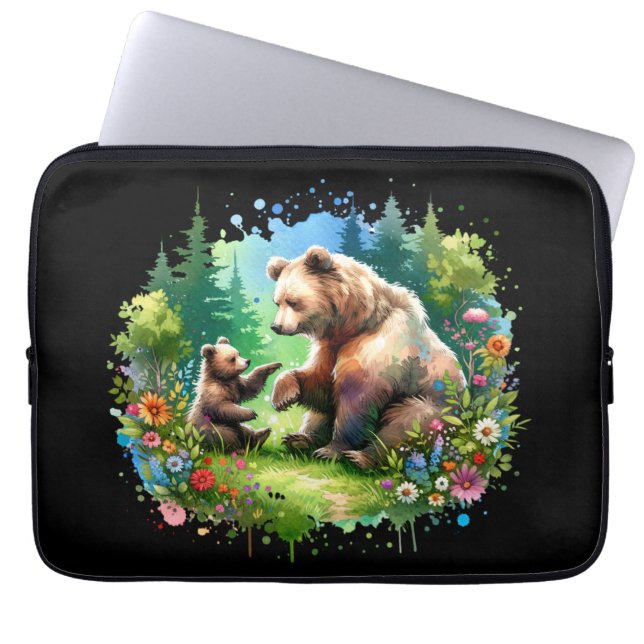 Cute Watercolor Bear and Cub Laptop Sleeve (Front)