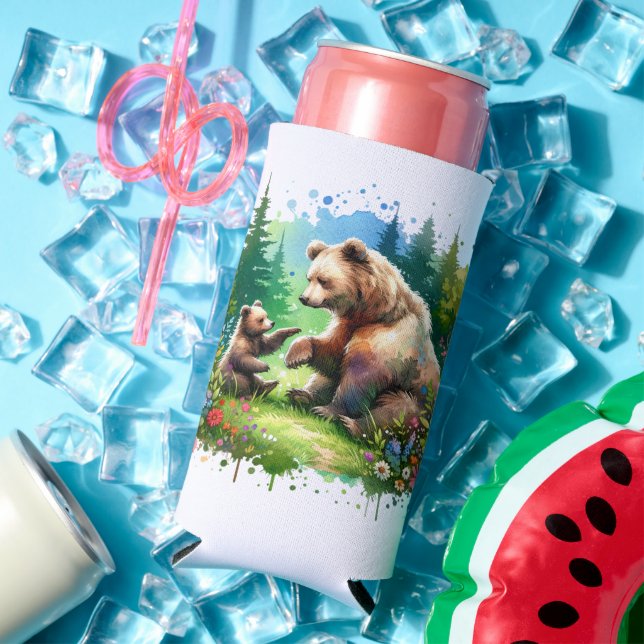 Cute Watercolor Bear and Cub Personalized Seltzer Can Cooler (In Situ Summer)