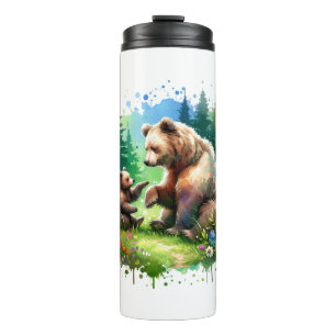 Cute Watercolor Bear and Cub Thermal Tumbler