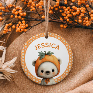 Cute Watercolor Bear Cub Daisy Pattern Baby Photo  Ceramic Ornament