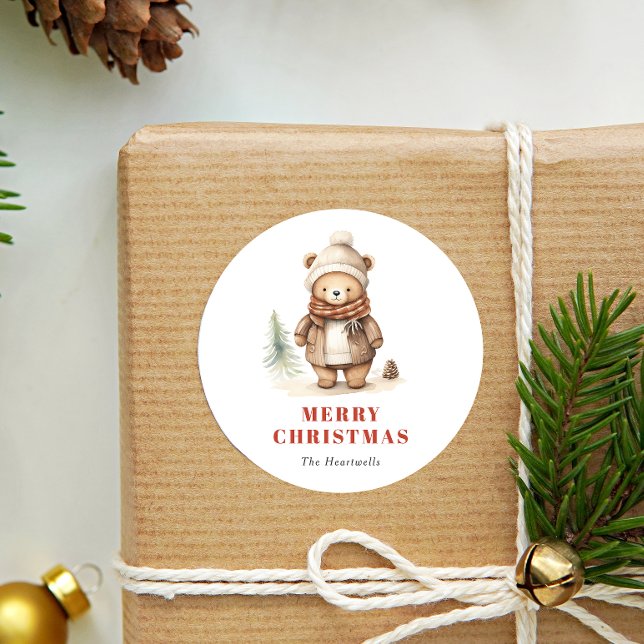 Cute Watercolor Bear Merry Christmas Holiday Classic Round Sticker (Creator Uploaded)
