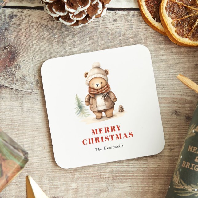 Cute Watercolor Bear Merry Christmas Holiday Square Paper Coaster (Creator Uploaded)