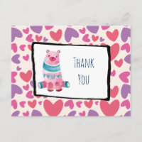 Cute Watercolor Bear on a Heart Pattern Thank You