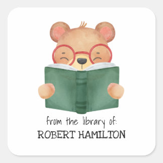 CUTE WATERCOLOR BEAR READING BOOK BOOKPLATE SQUARE STICKER