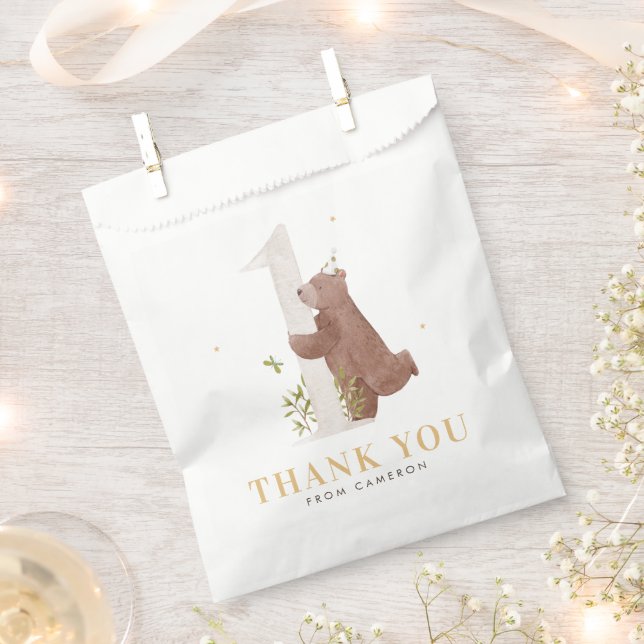 Cute Watercolor Bear Woodland First Birthday Party Favour Bag (Clipped)