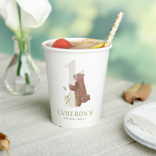 Cute Watercolor Bear Woodland First Birthday Party Paper Cups