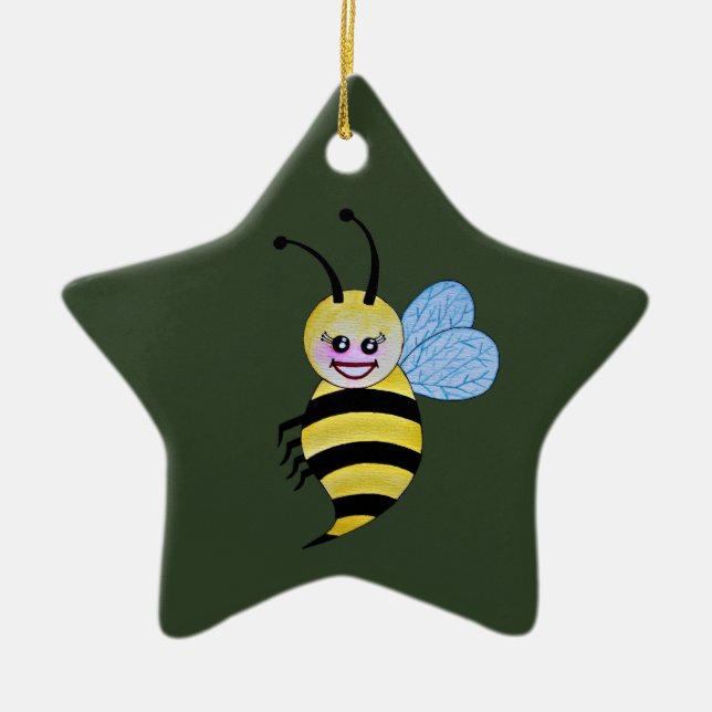 Cute Watercolor Bee With Happy Smile Ceramic Ornament (Front)