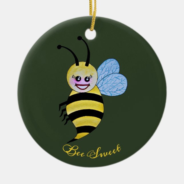 Cute Watercolor Bee With Happy Smile Ceramic Ornament (Front)