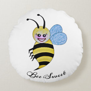 Cute Watercolor Bee With Happy Smile Round Pillow