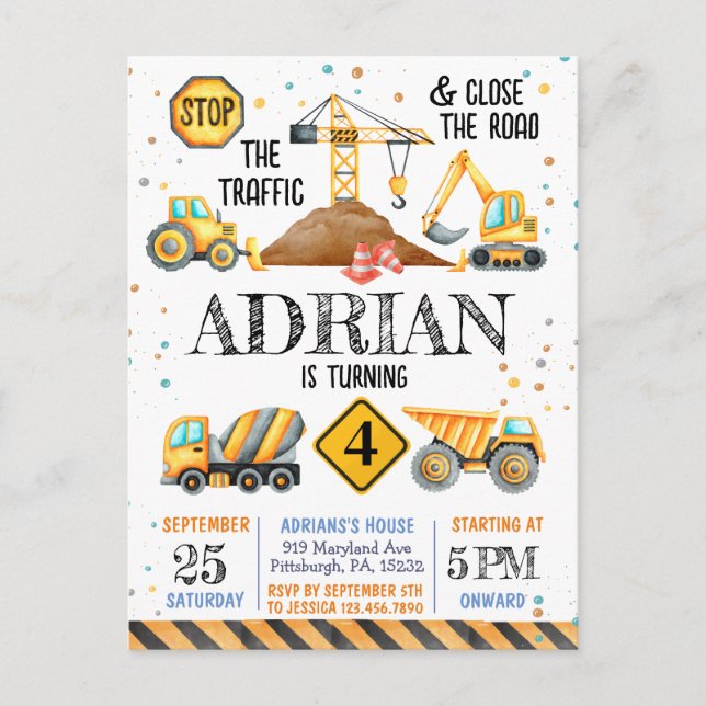 Cute Watercolor birthday Construction vehicles Postcard (Front)