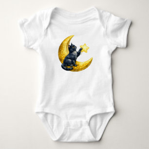 Cute Watercolor Black Cat on Crescent Moon Baby Bodysuit