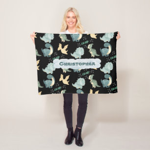 Cute Watercolor Black Dinosaur Pattern Fleece Blanket