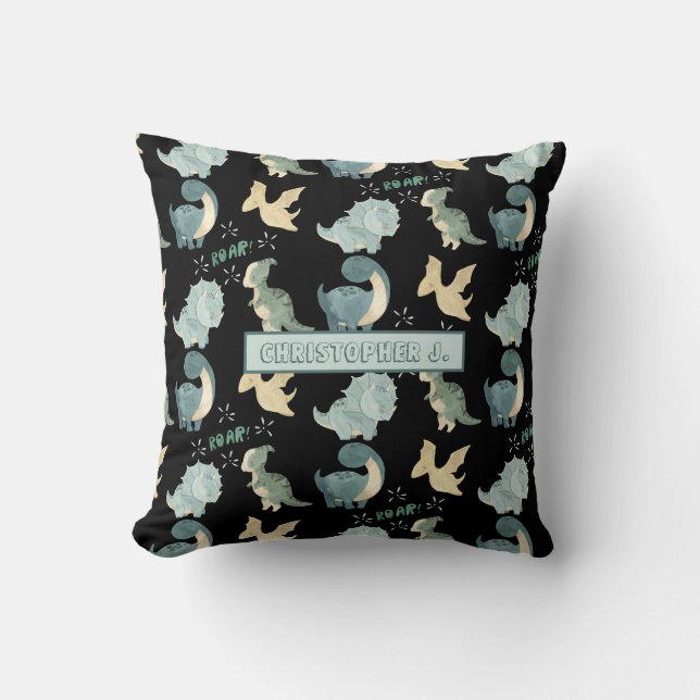 Cute Watercolor Black Dinosaur Pattern Throw Pillow (Front)