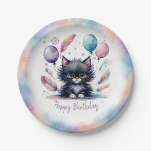 Cute Watercolor Black Kitten Balloons Birthday  Paper Plate