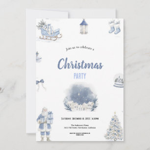 Cute watercolor blue and whit christmas party  invitation