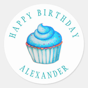 Cute Watercolor Blue Birthday Custom Name Classic Round Sticker
