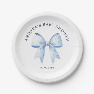 Cute Watercolor Blue Bow Baby Shower Paper Plate