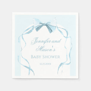 Cute watercolor blue bow ribbon baby boy shower napkin