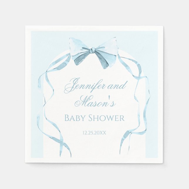 Cute watercolor blue bow ribbon baby boy shower napkin (Front)