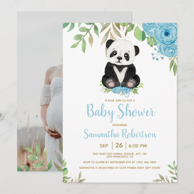 Cute Watercolor Blue Boy Bear Baby Shower Photo Invitation (Front/Back)