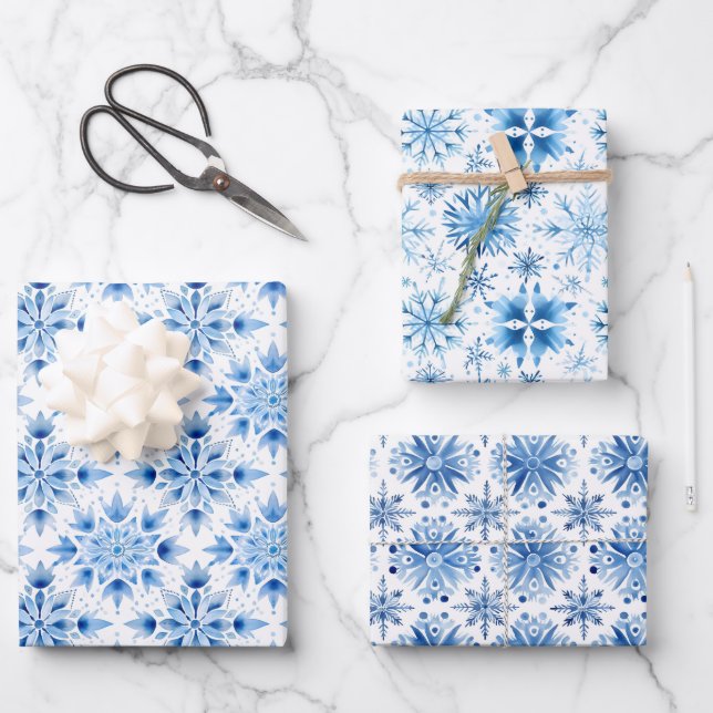 Cute Watercolor Blue Christmas Snowflakes Wrapping Paper Sheet (Front)