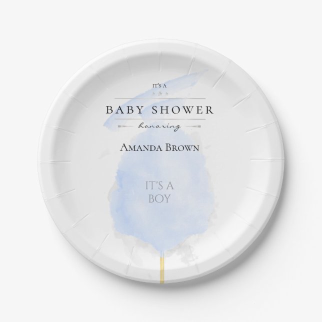 Cute Watercolor Blue Cotton Candy Baby Shower Paper Plate (Front)