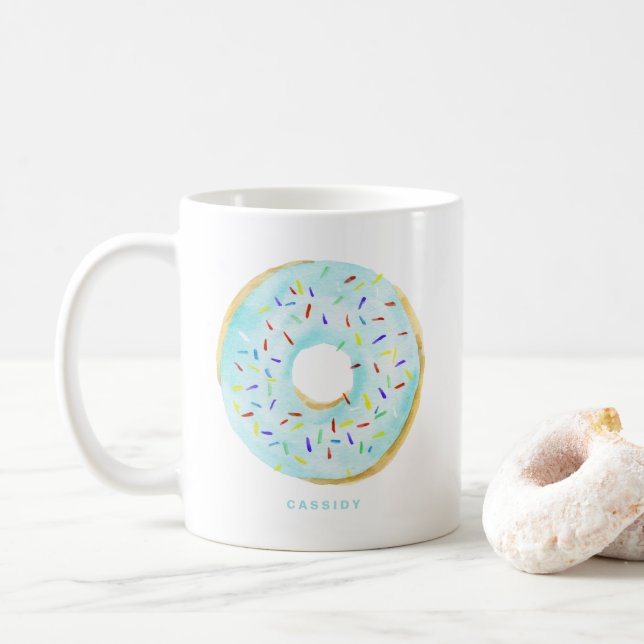 Cute Watercolor Blue Doughnut Sprinkles Personaliz Coffee Mug (With Donut)