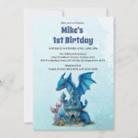 Cute Watercolor Blue Dragon 1st Birthday