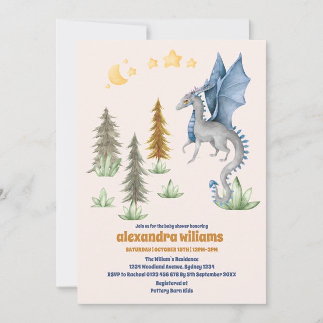 Cute Watercolor Blue Dragon Baby Shower Invitation (Front)