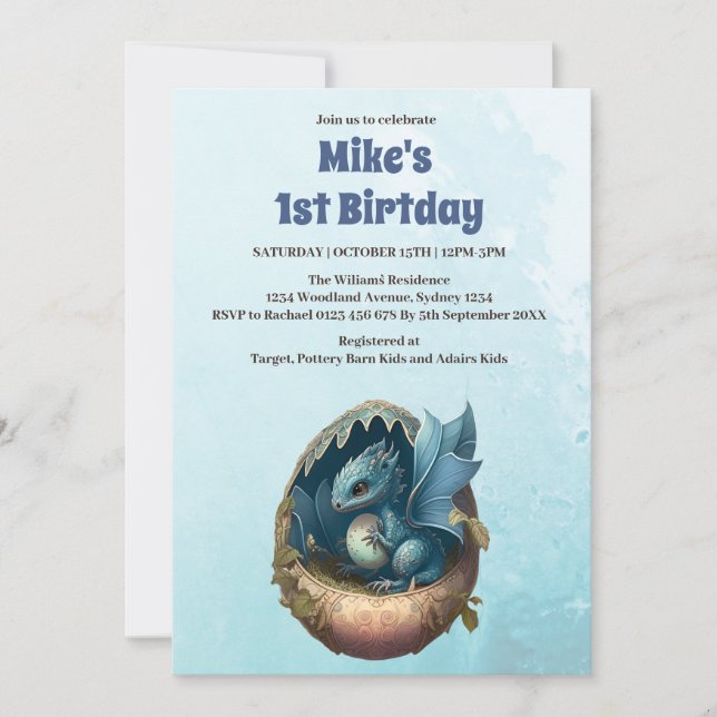 Cute Watercolor Blue Dragon Baby Shower Invitation (Front)