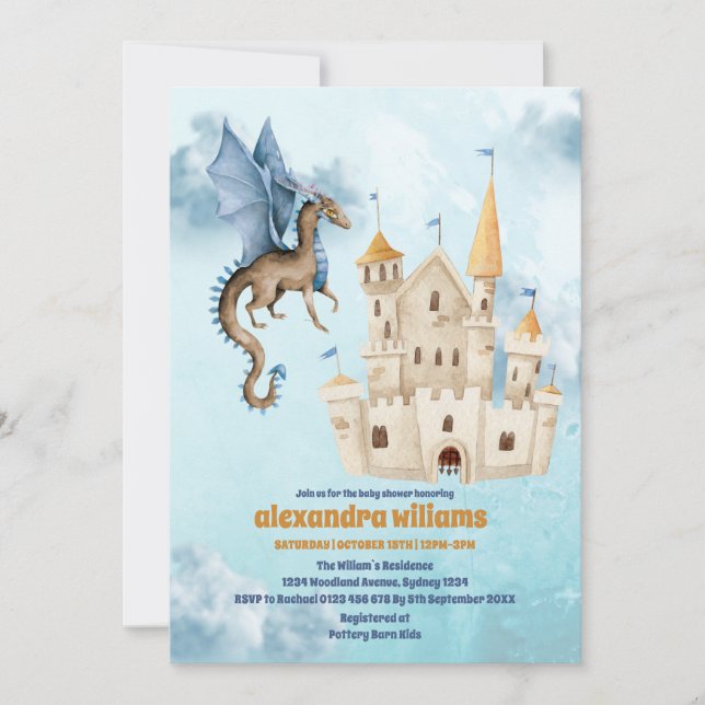 Cute Watercolor Blue Dragon Baby Shower Invitation (Front)