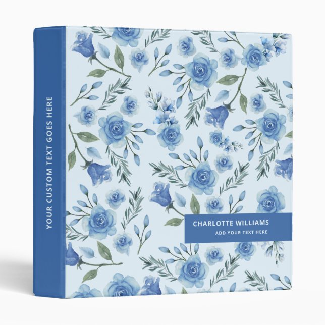 Cute Watercolor Blue Floral Pattern  Binder (Front/Spine)